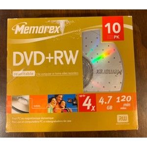 Memorex DVD+RW 10 Pack 4x4.7 GB 120 Min Blank Media Storage Brand New Sealed